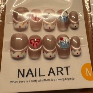 Press On Nail Art False‎ Nails Bow Cupcake Cute Manicure Medium